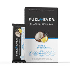 Fuel 4 Ever Lemon Coconut bar packaging highlights gluten-free, dairy-free ingredients for on-the-go.