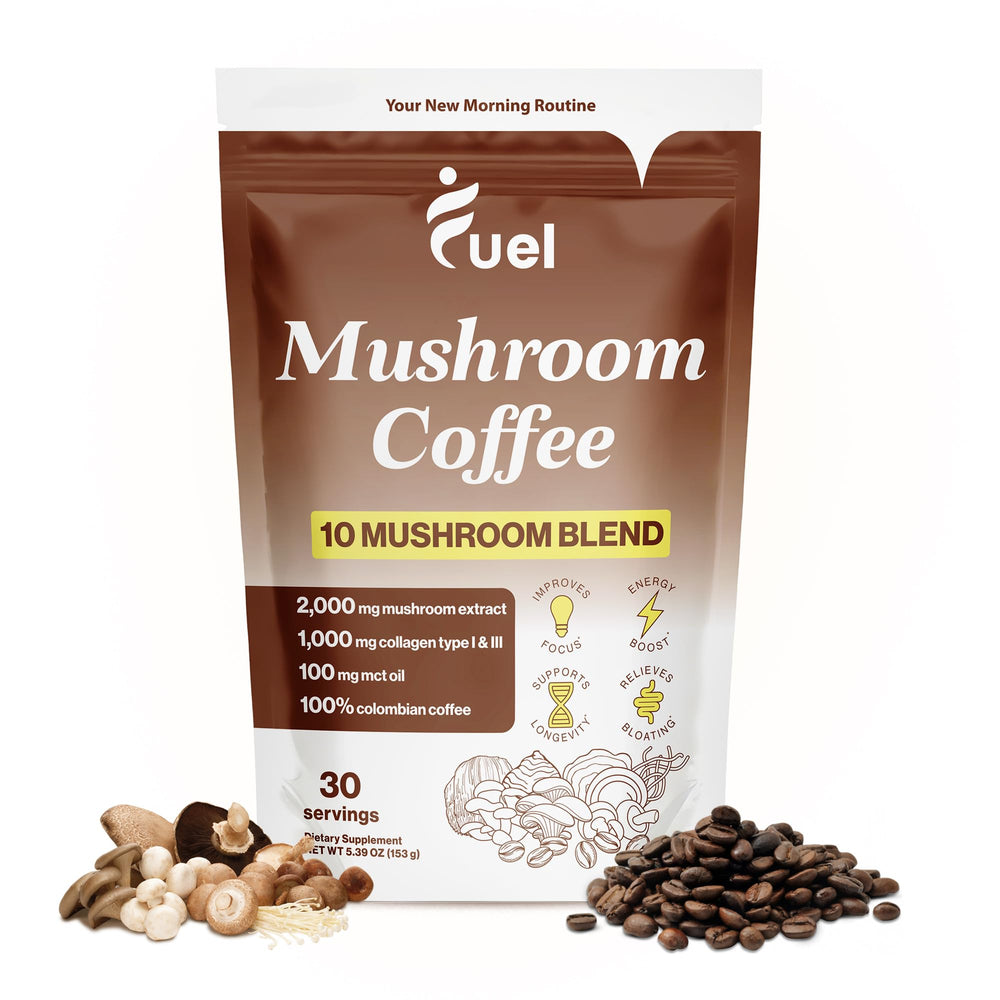 Front view of Fuel Brain Boost Mushroom Coffee packaging featuring organic ingredients