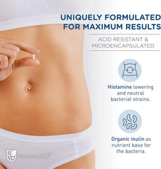 Graphic showing seven probiotic strains: Lactobacillus gasseri, rhamnosus, salivarius and Bifidobacterium longum, infantis, breve, bifidum.
