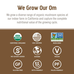 Full-spectrum mushroom nutrition showing polysaccharides, beta-glucans, antioxidants
