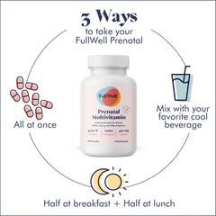 Close-up of FullWell Lemon prenatal vitamins bottle and directions