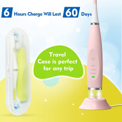 Package contents: toothbrush, charging base, six brush heads, travel case, user manual