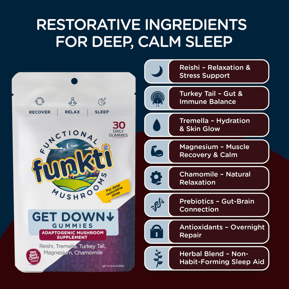 30-serving jar of Funkti Sleep Gummies with Get Down label