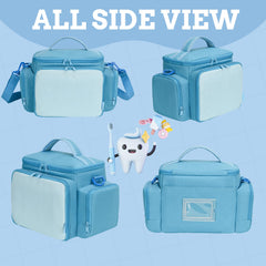 Side and back pockets for toothpaste and cups.