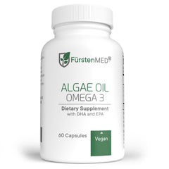 Algae-derived Omega-3 capsules with 2000mg per serving showing DHA 700mg and EPA 320mg (vegan).