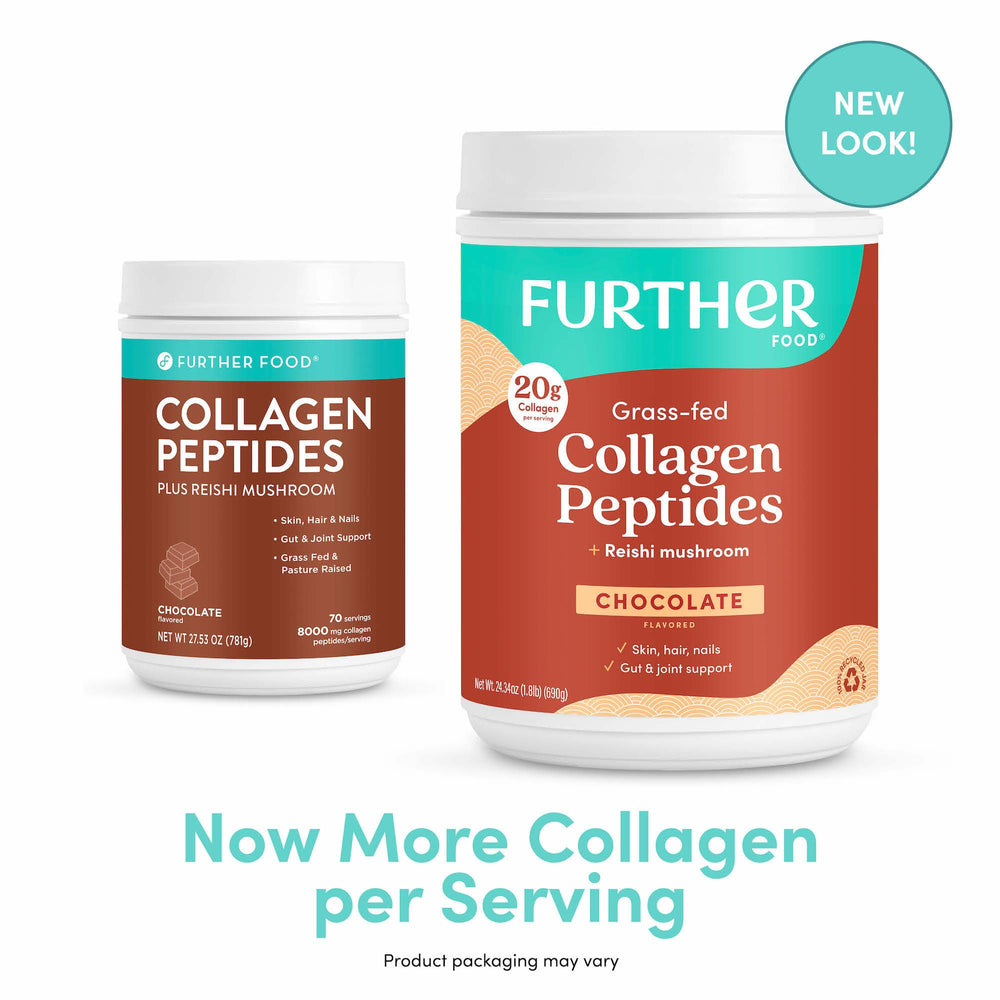 Packaging and jar of Further Food Chocolate Collagen Powder