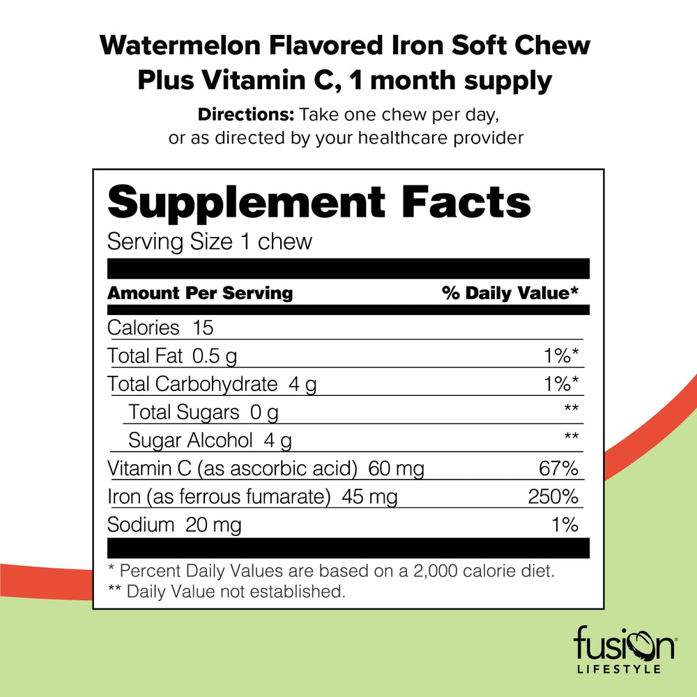 Front view of Fusion Lifestyle Iron Soft Chews watermelon packaging