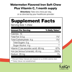 Front view of Fusion Lifestyle Iron Soft Chews watermelon packaging