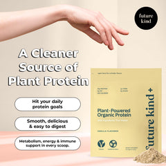 Future Kind vegan protein powder vanilla scoop highlights 20g protein per serving