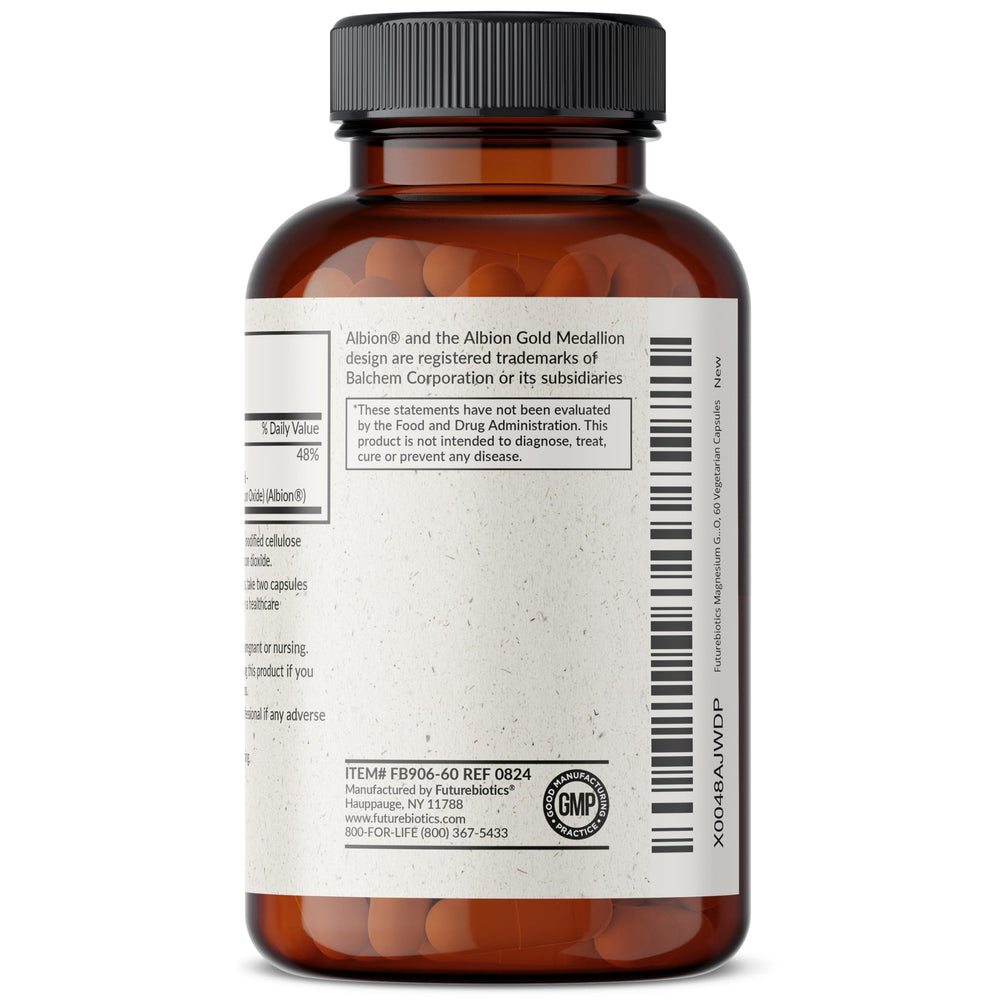 Label highlights Non-GMO, Gluten-Free and Soy-Free ingredients on magnesium glycinate bottle