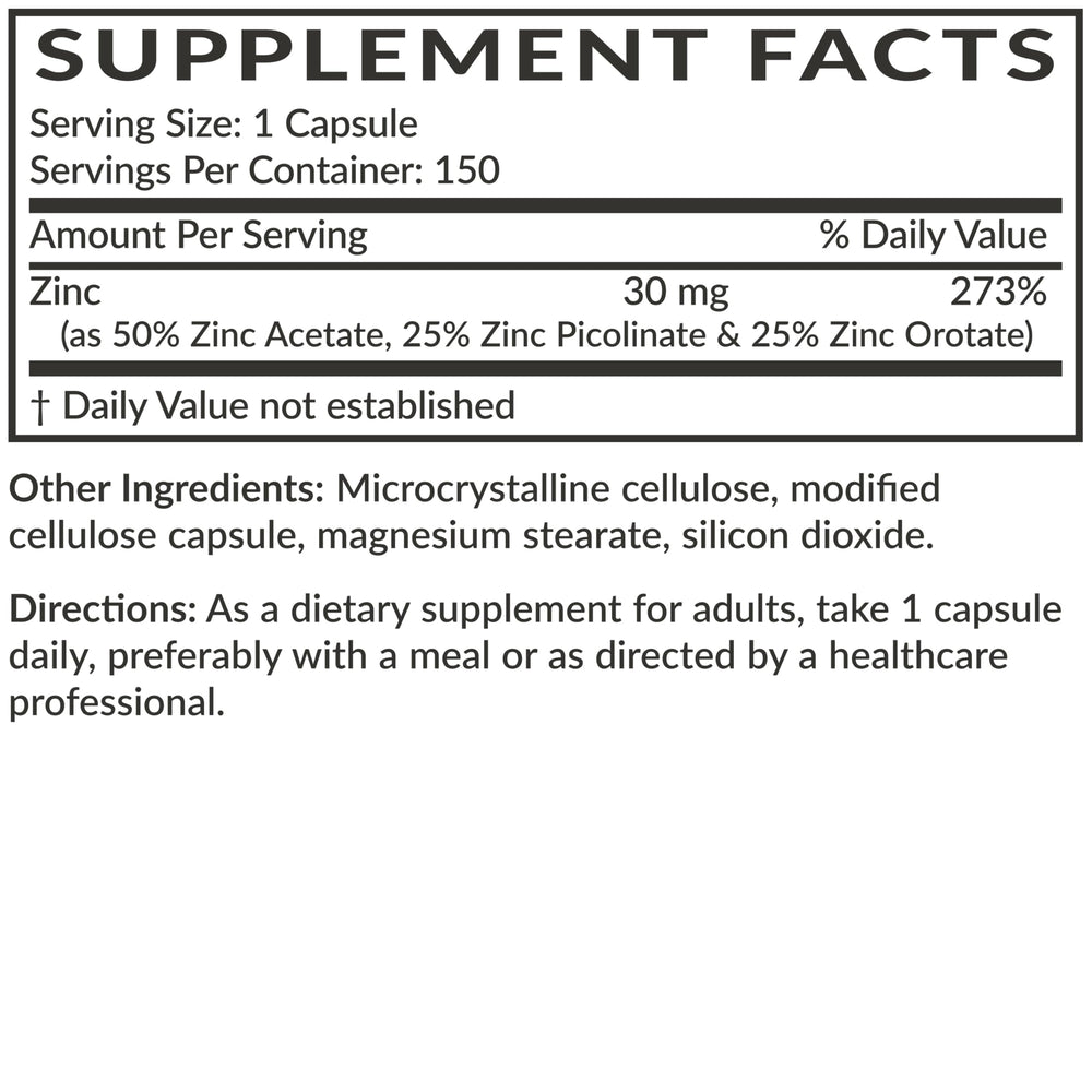 Nutrition facts showing 30 mg zinc per capsule