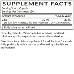 Nutrition facts showing 30 mg zinc per capsule