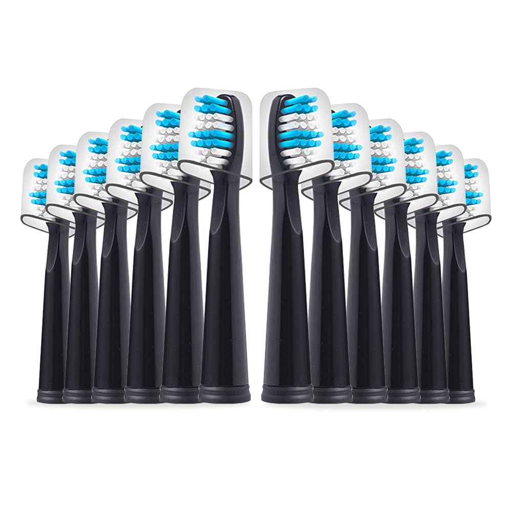 12-pack black Fairywill-compatible replacement toothbrush heads in sanitary packaging with dust cover