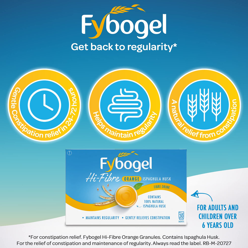 Close-up of Fybogel Orange sachets with orange flavour