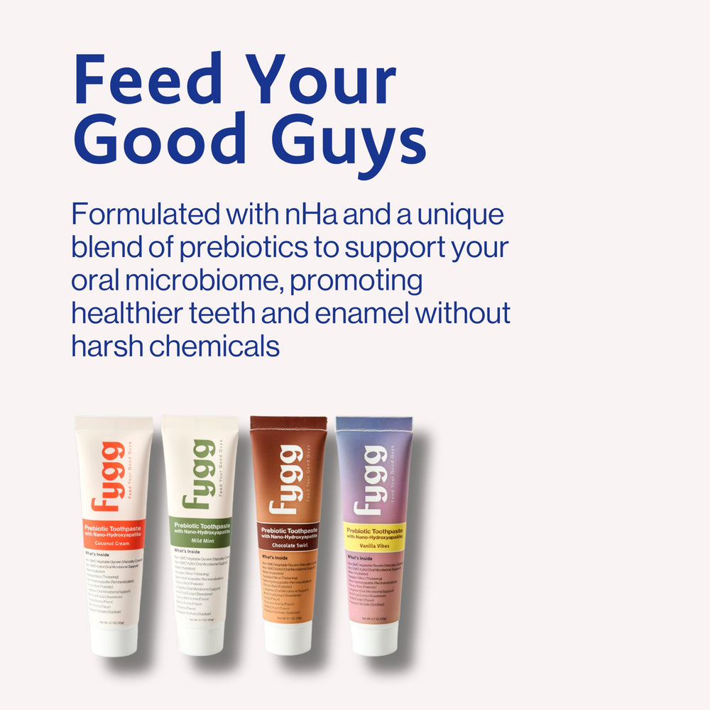 Close-up of Fygg toothpaste ingredients: prebiotics, xylitol, chicory root and L-arginine