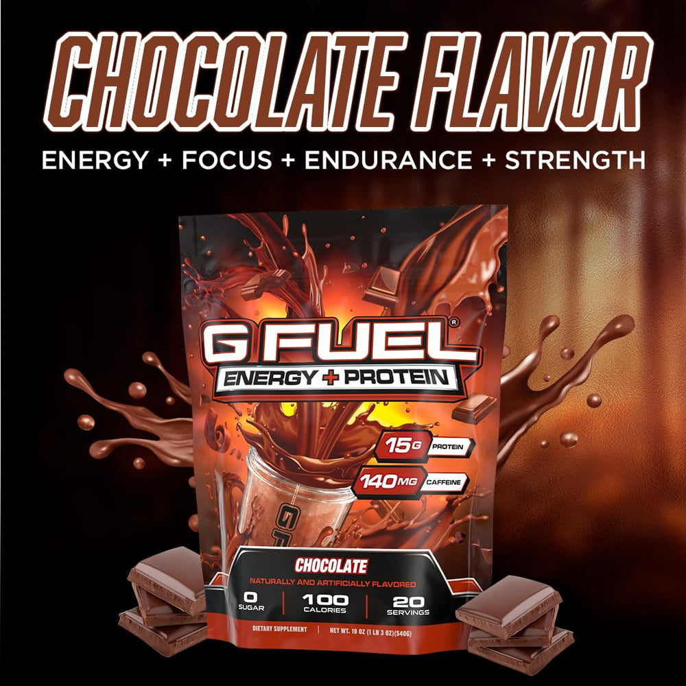 G Fuel protein-energy powder chocolate labeled jar highlighting clean energy