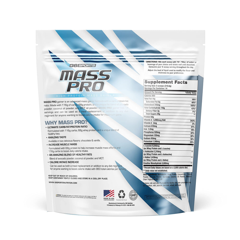 G6 Mass Pro Chocolate 7lb bag – back nutrition panel