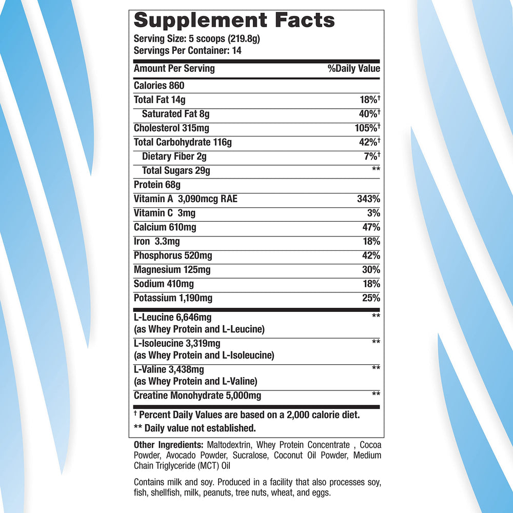 Close-up of G6 Mass Pro 64g whey protein concentrate