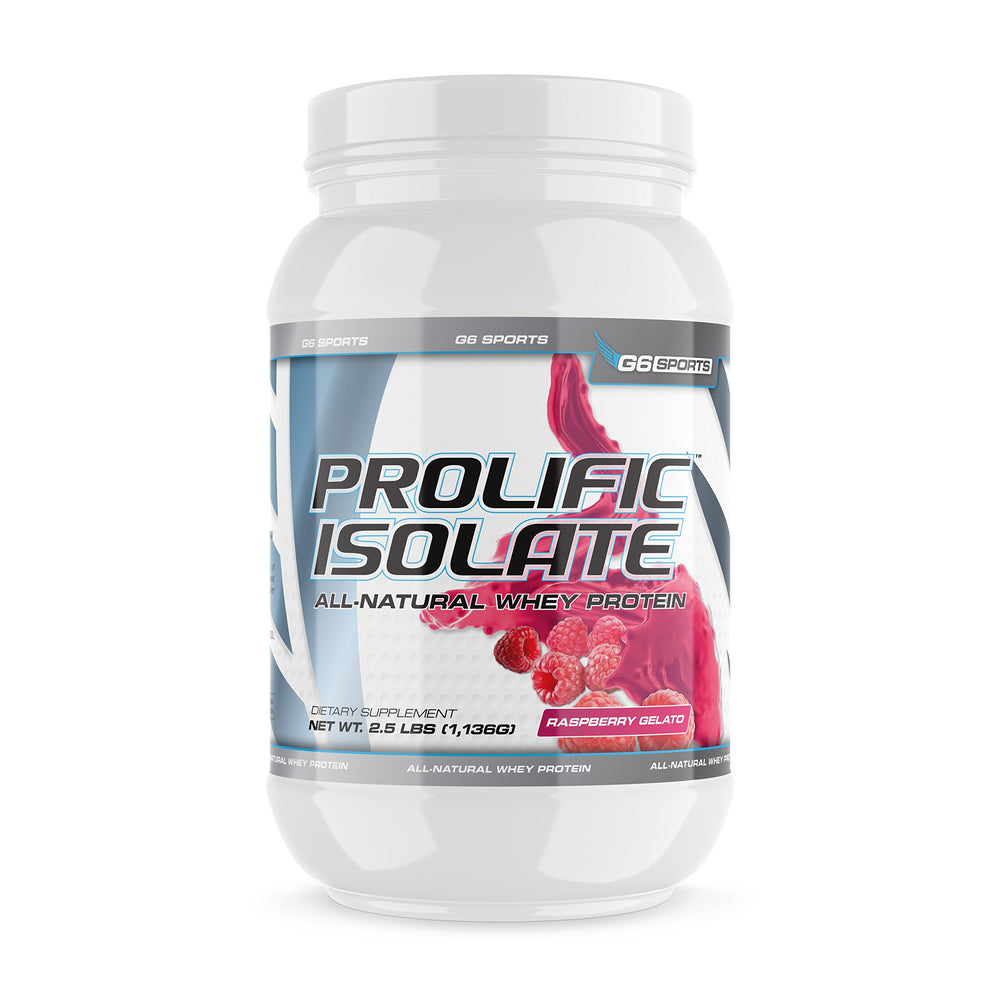 G6 Prolific Isolate Raspberry Gelato bottle shows clean gluten-free formula for post-workout nourishment