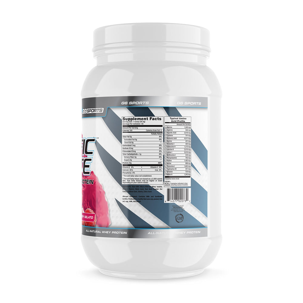G6 Prolific Isolate Raspberry Gelato scoop highlights 25g protein per serving for lean gains