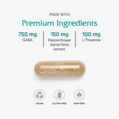 Two vegan capsules of GABA Ease on white background