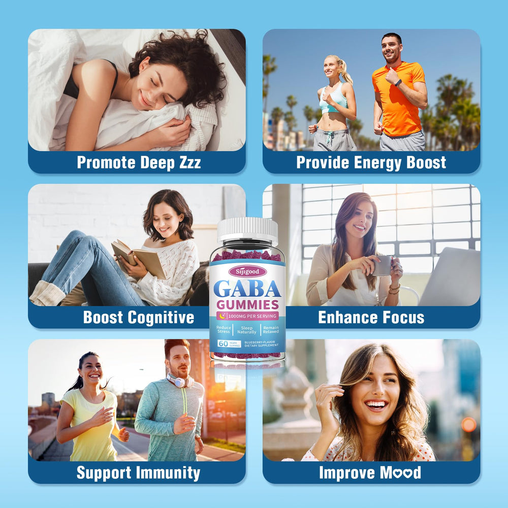 Graphic showing GABA, L-Theanine, 5-HTP and Vitamin D3 ingredients.