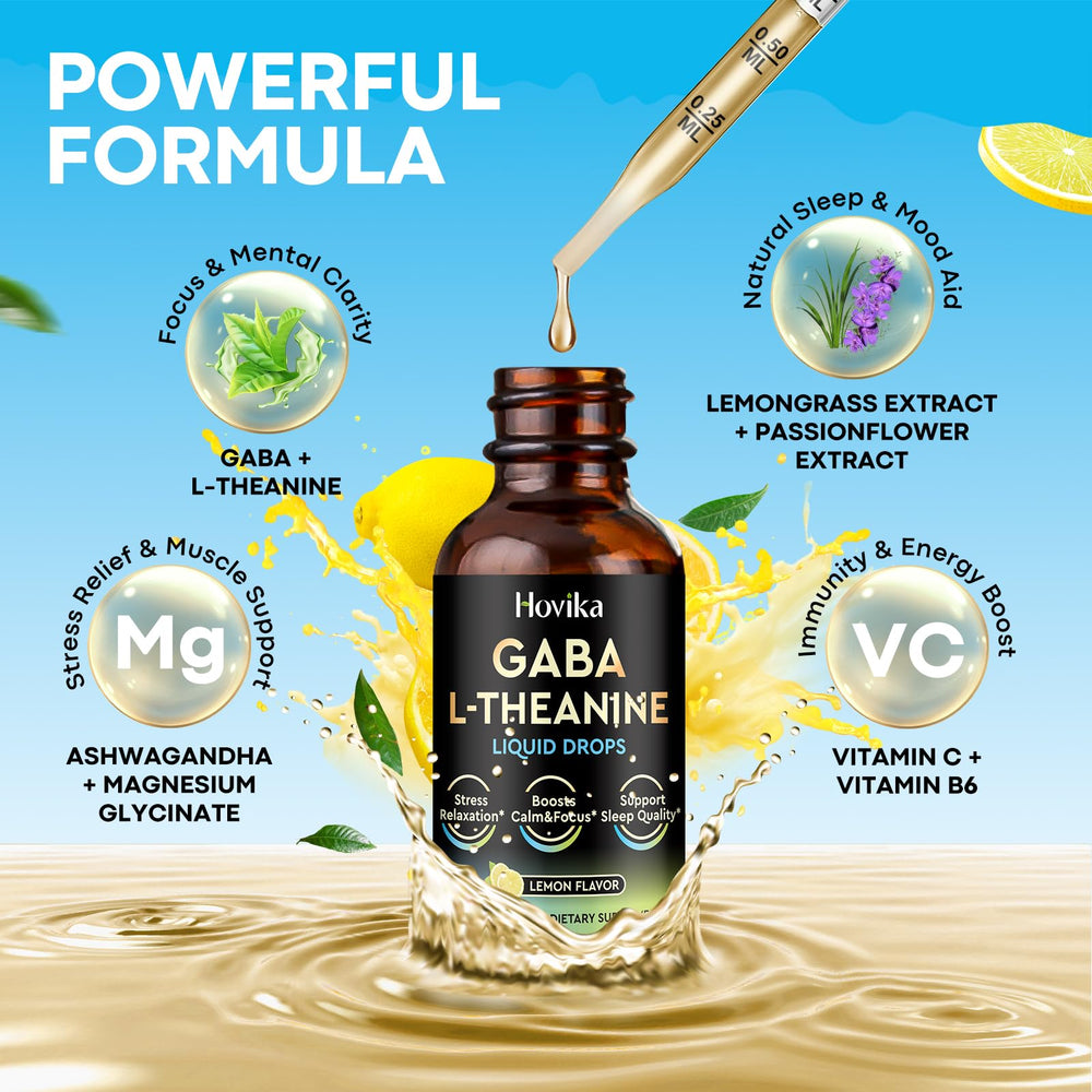 Pouring GABA L-Theanine Drops into a glass