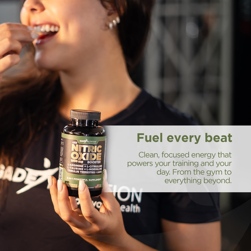 Close-up of nitric oxide supplement capsules