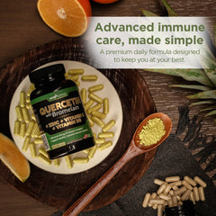 Non-GMO, gluten-free vegan label on quercetin bottle