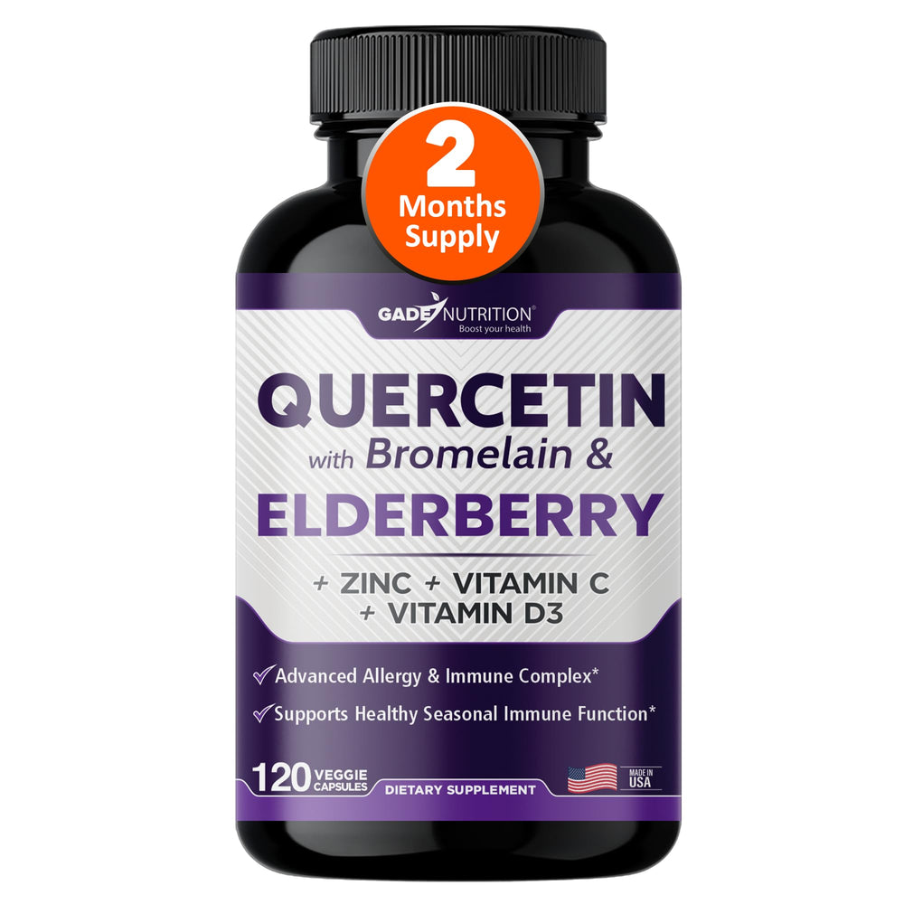 Front label of Gade Nutrition Quercetin with Bromelain and Elderberry.