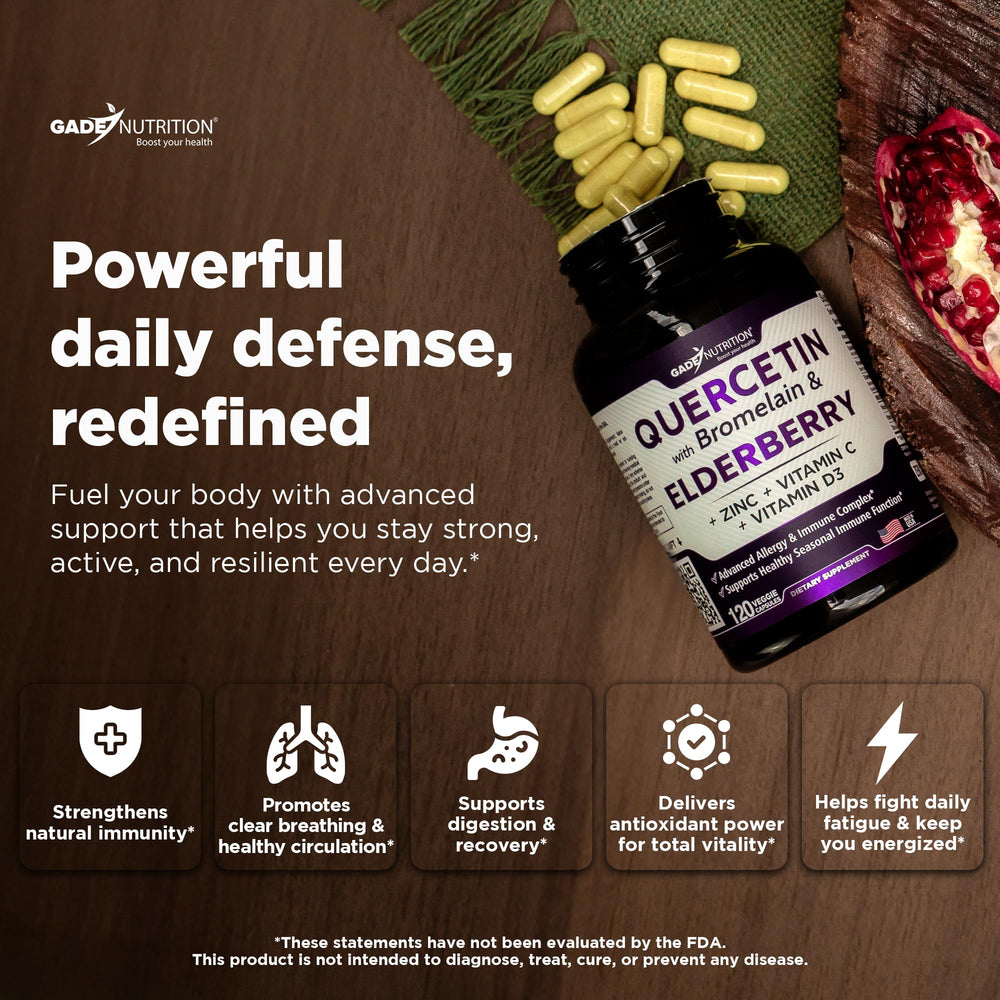 Ingredients panel showing quercetin, bromelain, elderberry, vitamin C, zinc and vitamin D3.