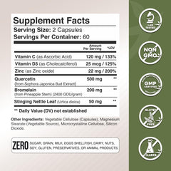 Quercetin ingredients including bromelain, nettle, vitamins C and D, zinc