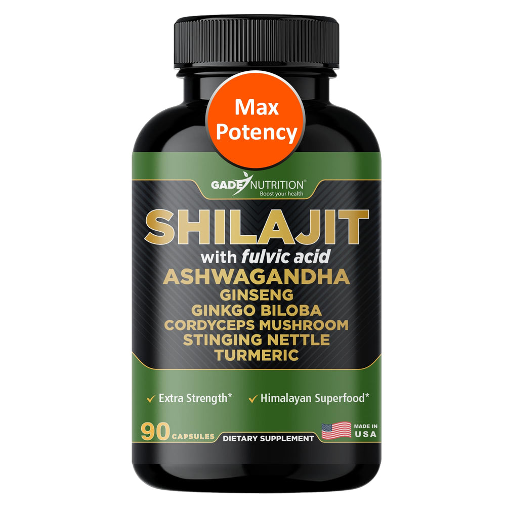 Bottle of Gade Nutrition Shilajit capsules with Ashwagandha