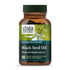 Gaia Herbs Black Seed Oil bottle and capsules close-up