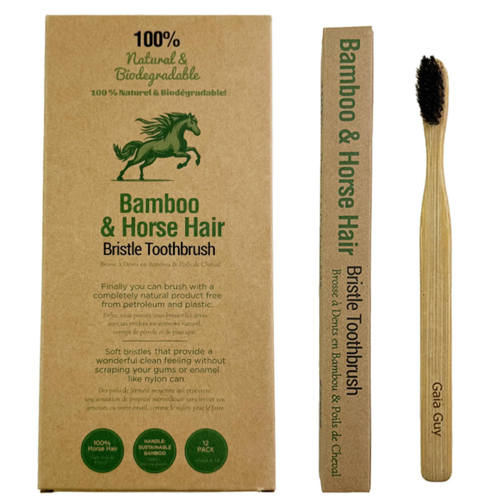 Gaia Guy Soft Horse Hair Bamboo Toothbrush front view with bamboo handle