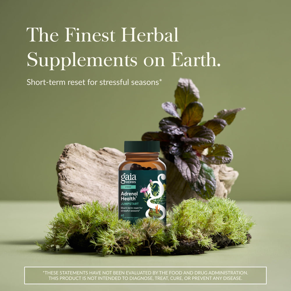 Close-up of Gaia Herbs Adrenal Health Jump Start capsules