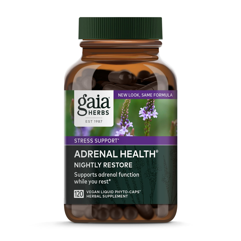 Gaia Herbs Adrenal Health Nightly Restore bottle front label