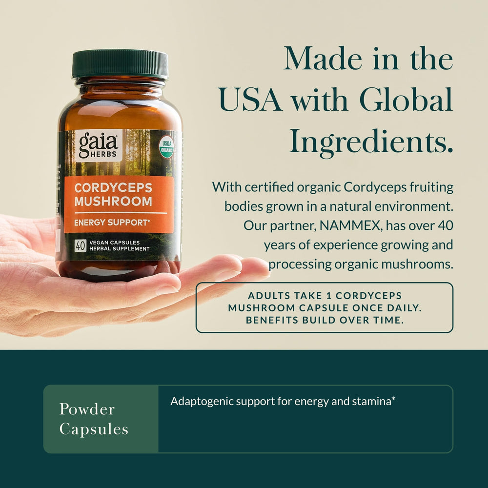 Cordyceps 40-day supply packaging from Gaia Herbs