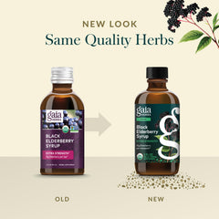 Label and bottle of Gaia Herbs Black Elderberry Syrup