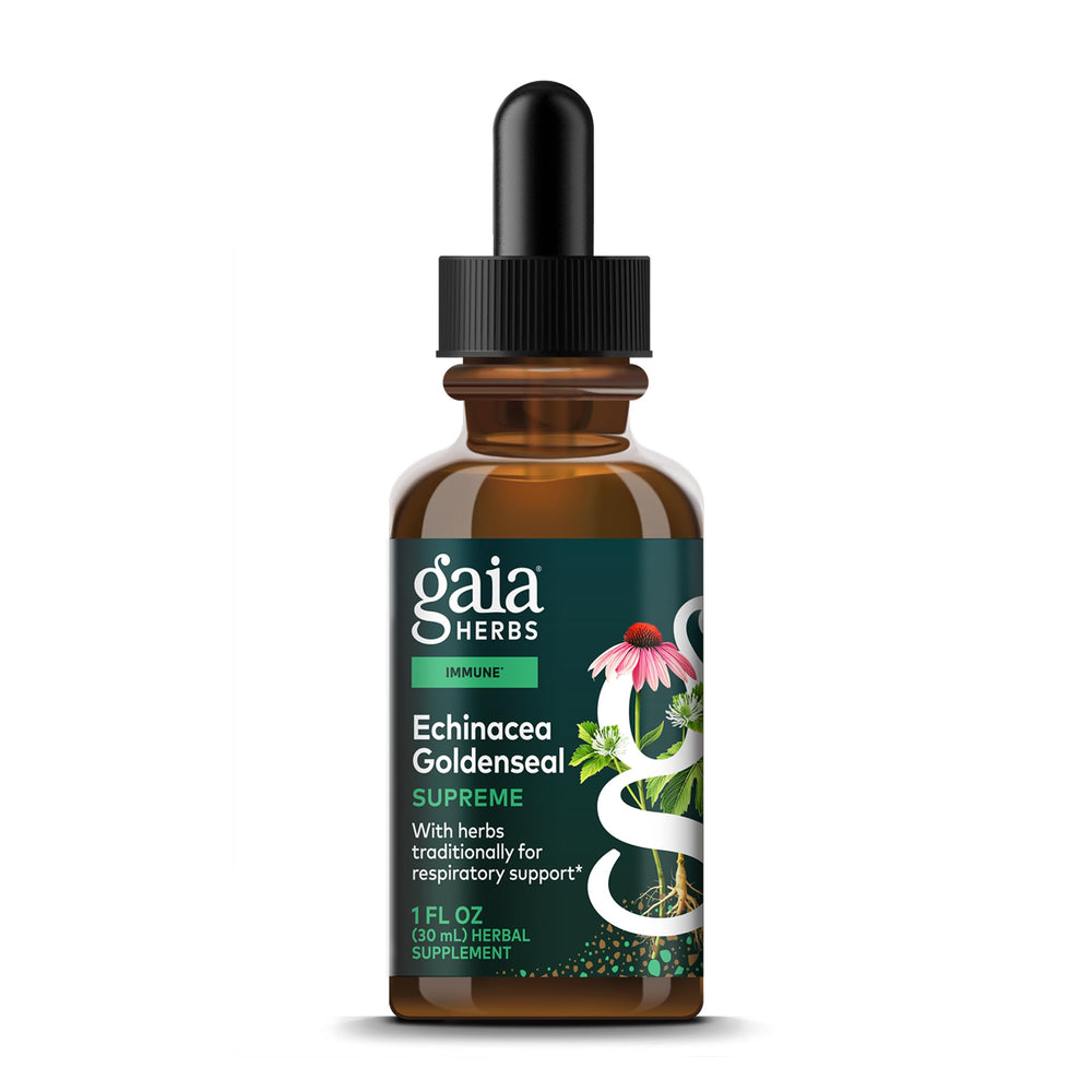 Gaia Herbs botella frontal mostrando fórmula para apoyo inmune