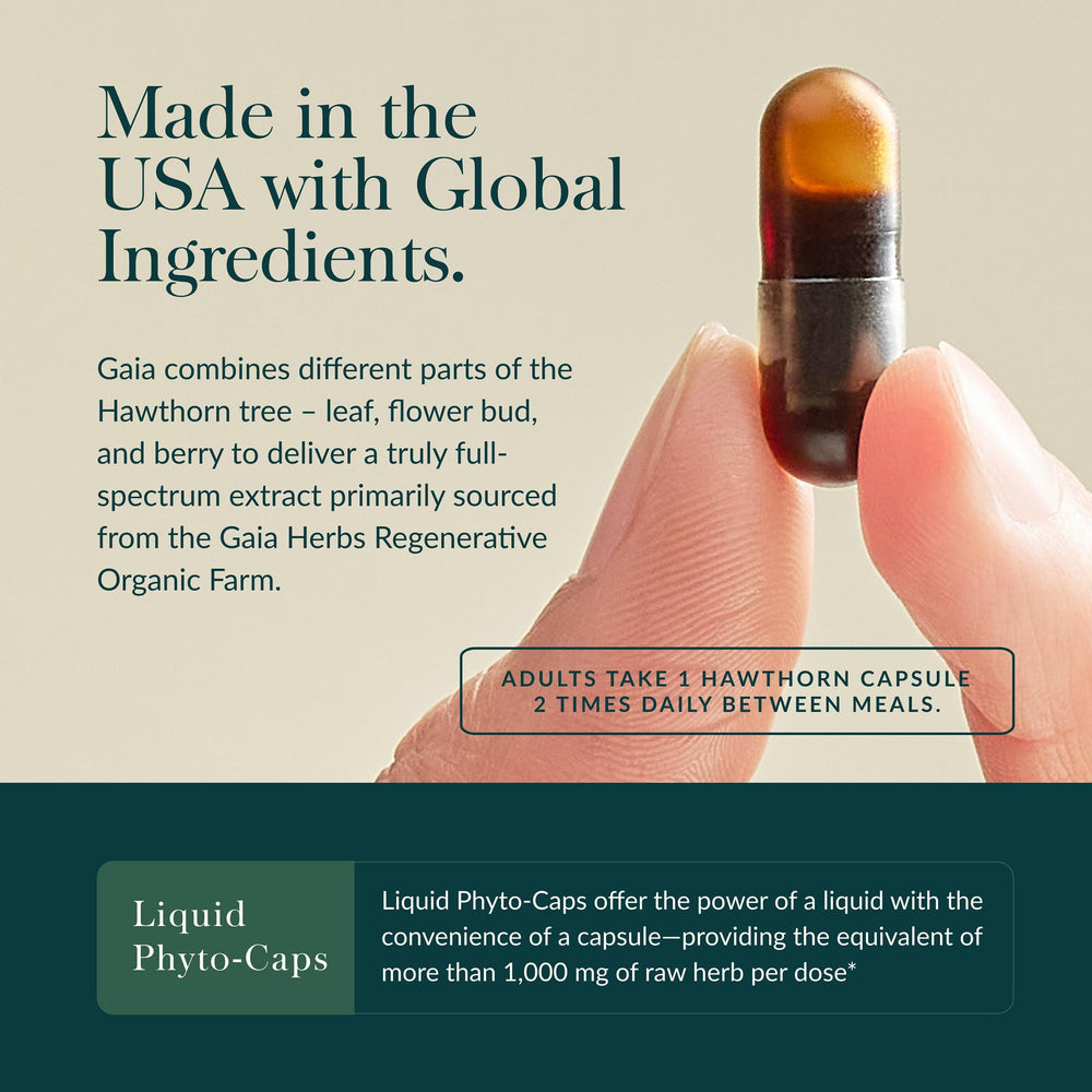 Gaia Herbs Hawthorn Supreme, ingredientes transparantes, muestra fuentes orgánicas certificadas y sostenibles.