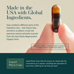 Gaia Herbs Hawthorn Supreme, ingredientes transparantes, muestra fuentes orgánicas certificadas y sostenibles.