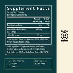 Gaia Herbs Kava Root capsule packaging label