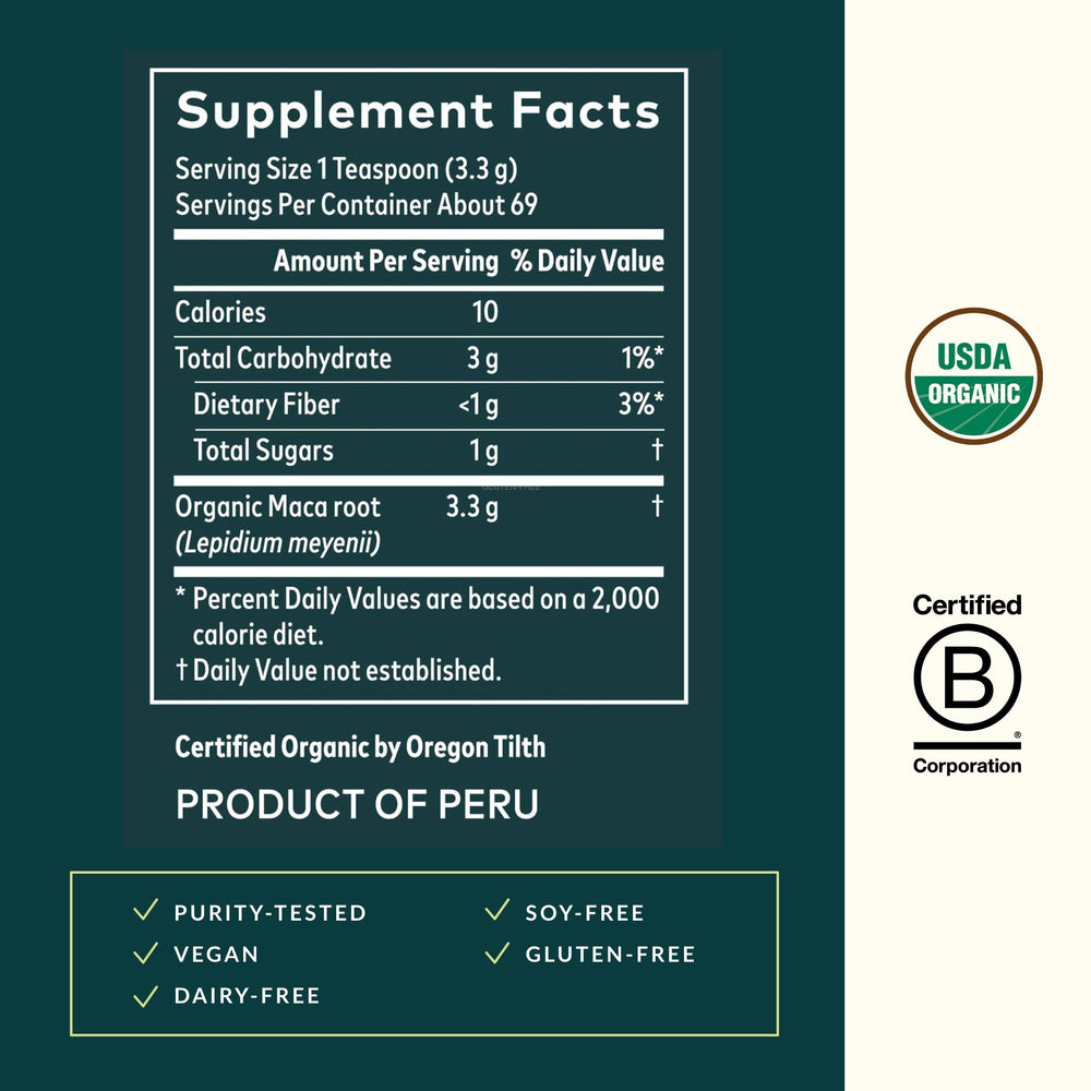 Gaia Herbs Maca Powder label with organic certification