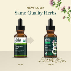 Oregano leaves shown with Gaia Herbs liquid bottle