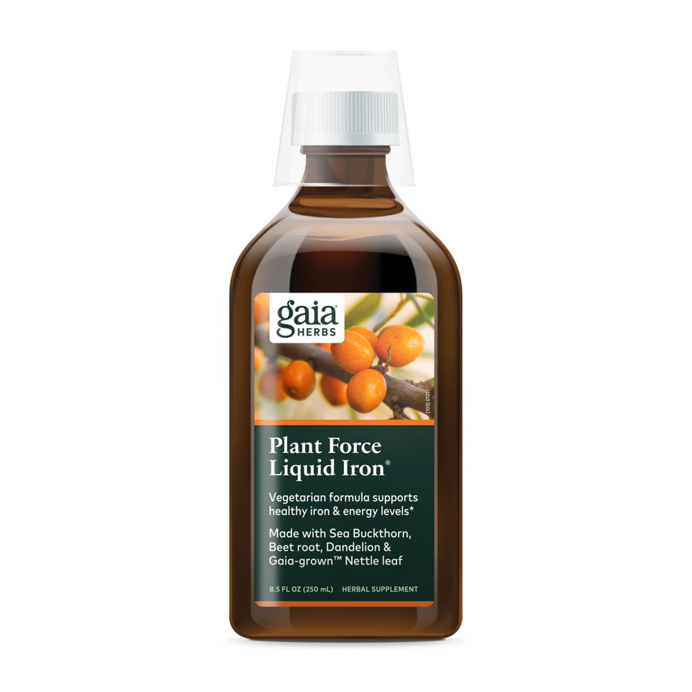Gaia Herbs Plant Force Liquid Iron bottle and packaging
