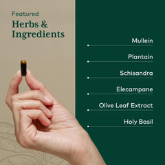 Ingredients including olive oil, lecithin, mullein and holy basil
