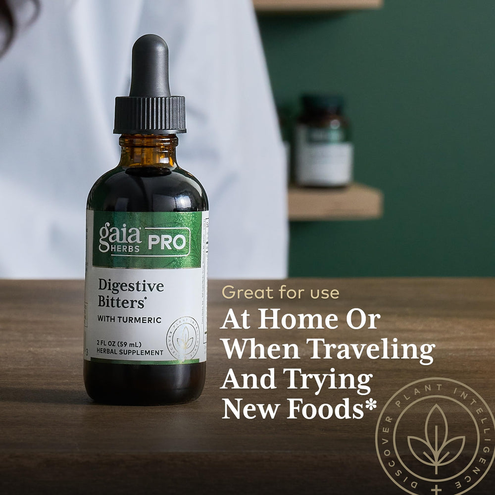 Herbal blend including turmeric, dandelion and fennel in Gaia Herbs PRO Digestive Bitters
