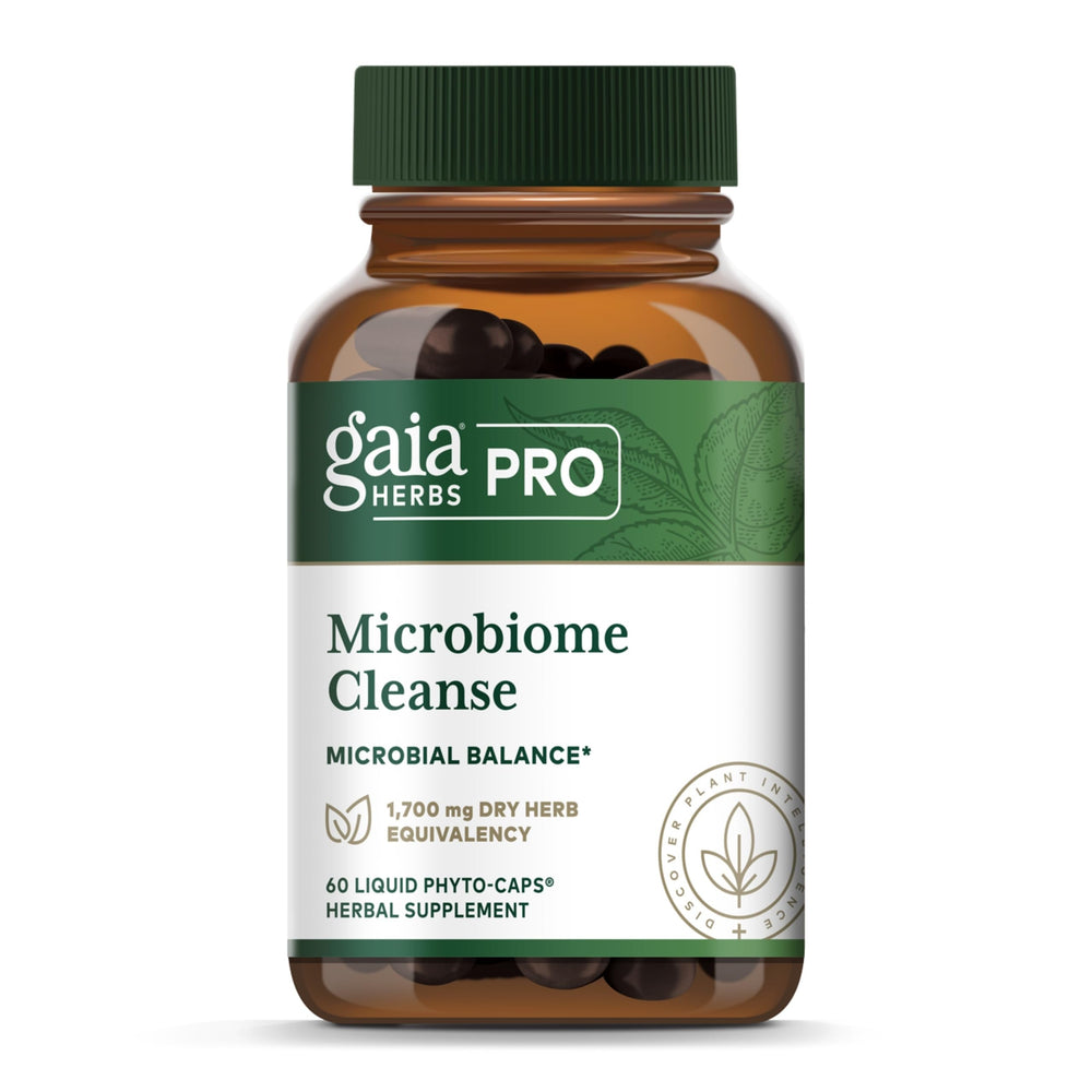 Gaia Herbs Pro Microbiome Cleanse bottle with capsules for daily digestive support.