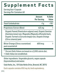 Digestive health formula with fennel seed, gentian root, magnolia bark and turmeric root